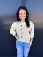 Short Puff Sleeve Button Down Sweater