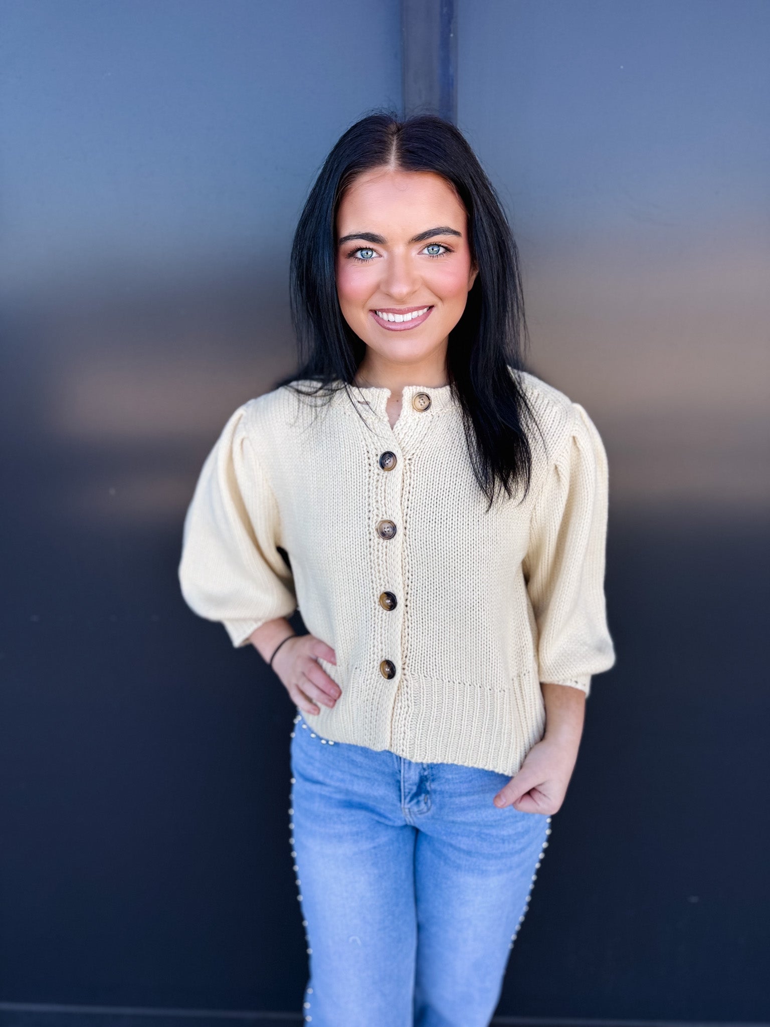 Short Puff Sleeve Button Down Sweater