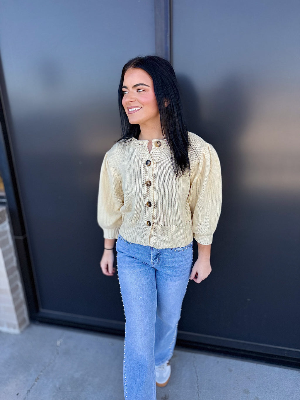 Short Puff Sleeve Button Down Sweater