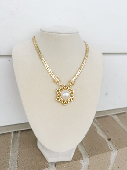 14K Gold Plated Flower Pearl Pendant Necklace