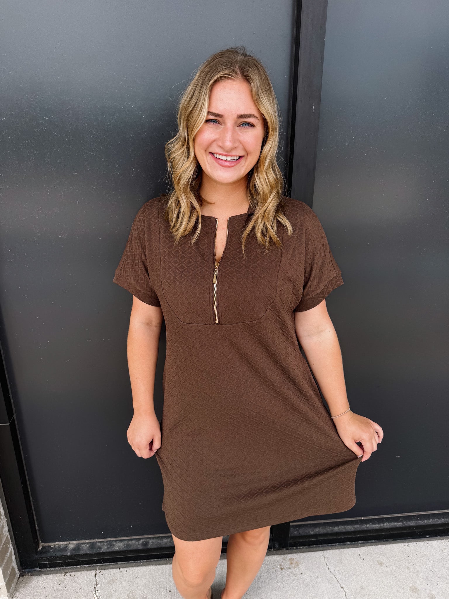 Ezra Textured Zipper Dress!