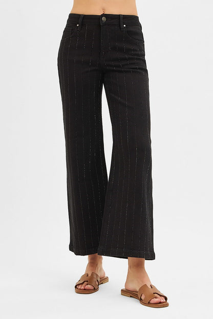 High Rise Crop Wide Rhinestone Jeans