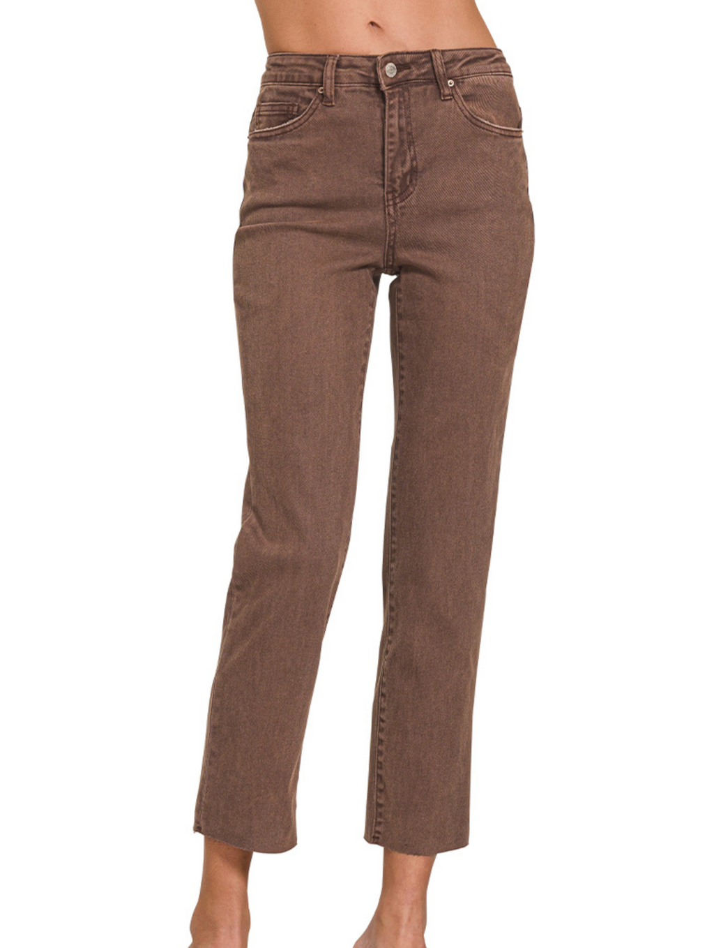 ACID WASHED HIGH WAIST CROPPED STRAIGHT PANTS