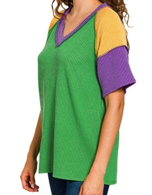 Mardi Gras Raised Rib Color Block Top