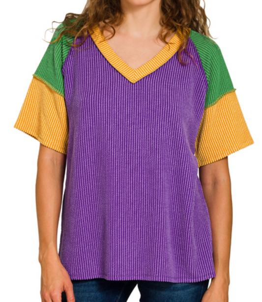 Mardi Gras Raised Rib Color Block Top