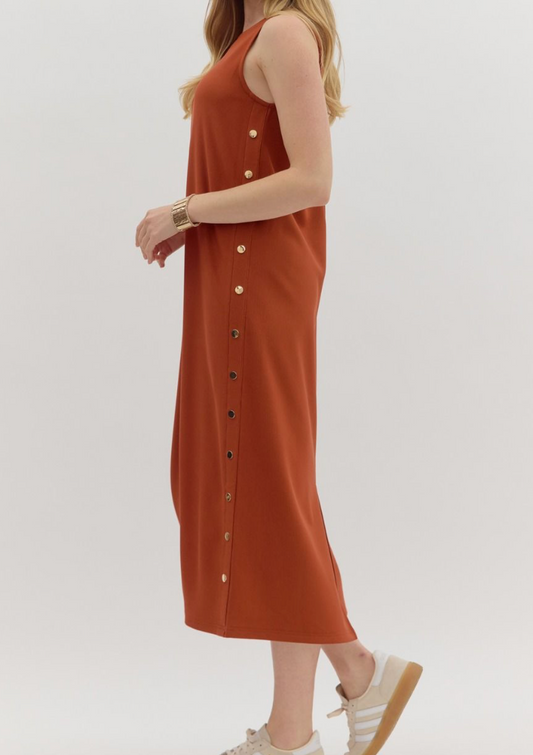 Golden Accent Rib Midi Dress