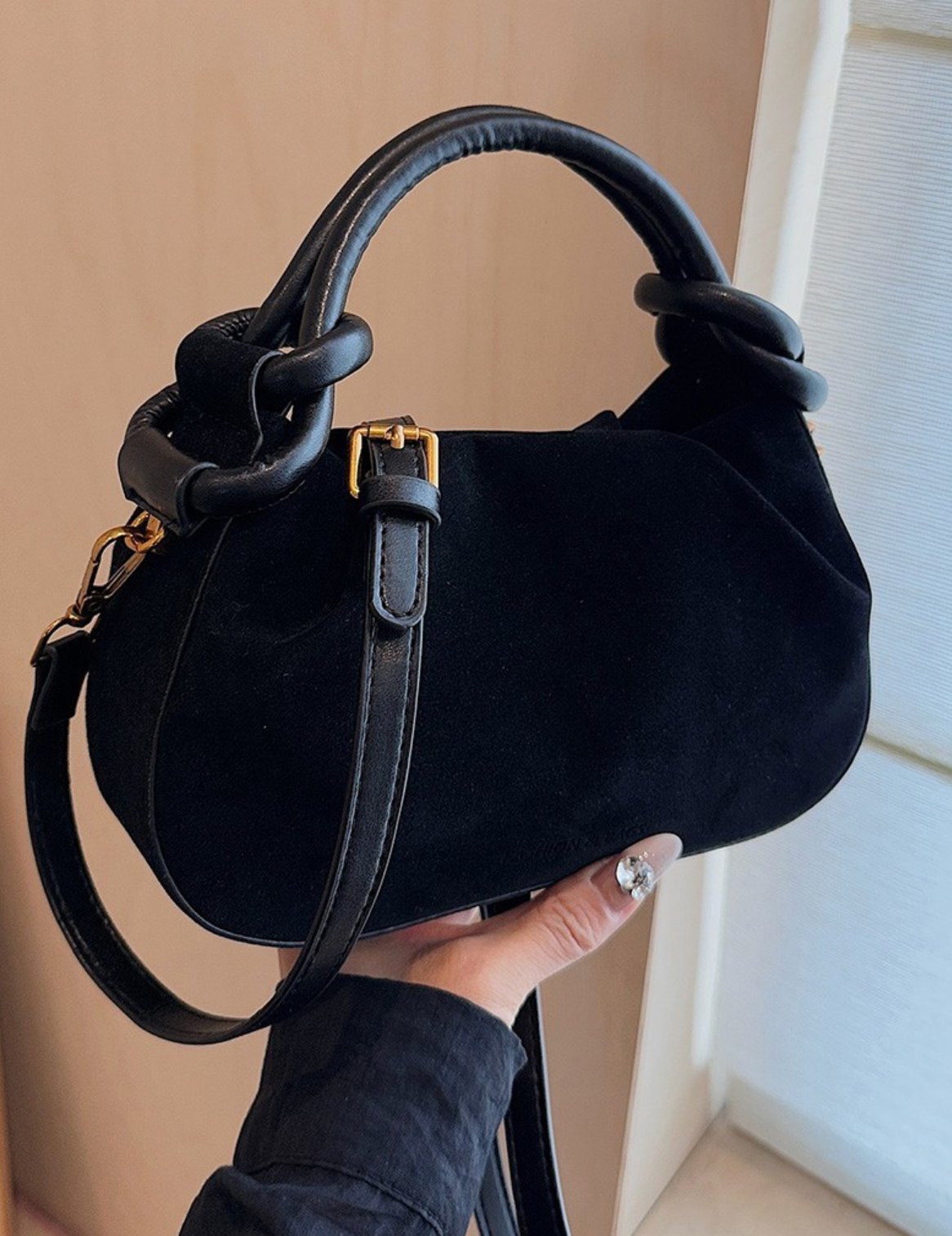 Rouched Faux Suede Tote Handbag