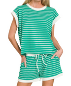 Stripe Contrast Trim Top Shorts Set!