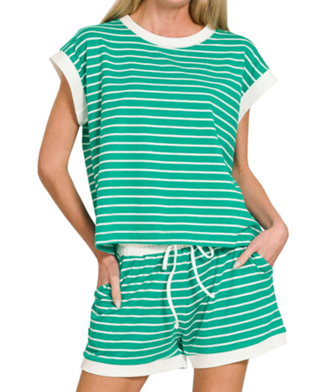 Stripe Contrast Trim Top Shorts Set!