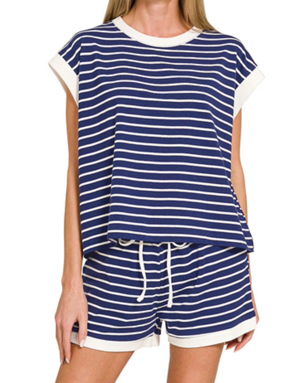 Stripe Contrast Trim Top Shorts Set!
