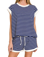 Stripe Contrast Trim Top Shorts Set!