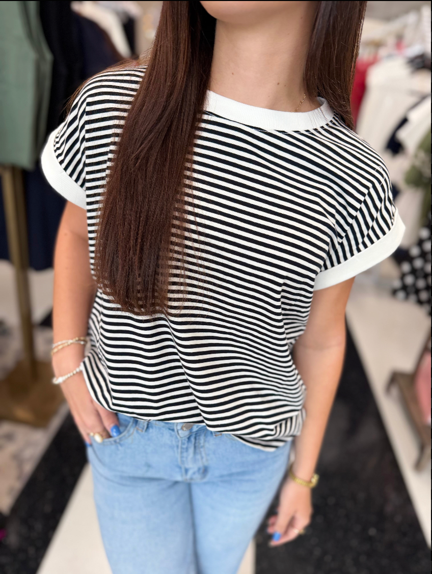 Stripe Contrast Trim Rib Banded Top☀️