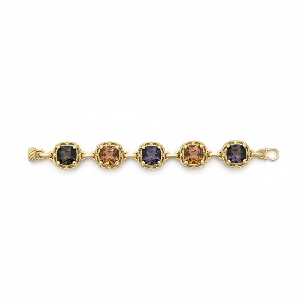 Gold gemstone bracelet on white background
