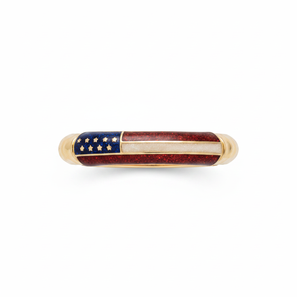 Gold stretch bracelet with American flag enamel design on white background