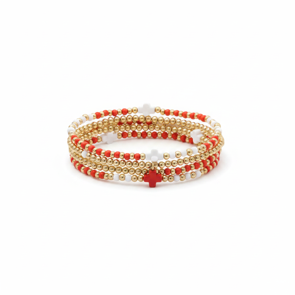 Red & White Beaded Bracelet Set on white background