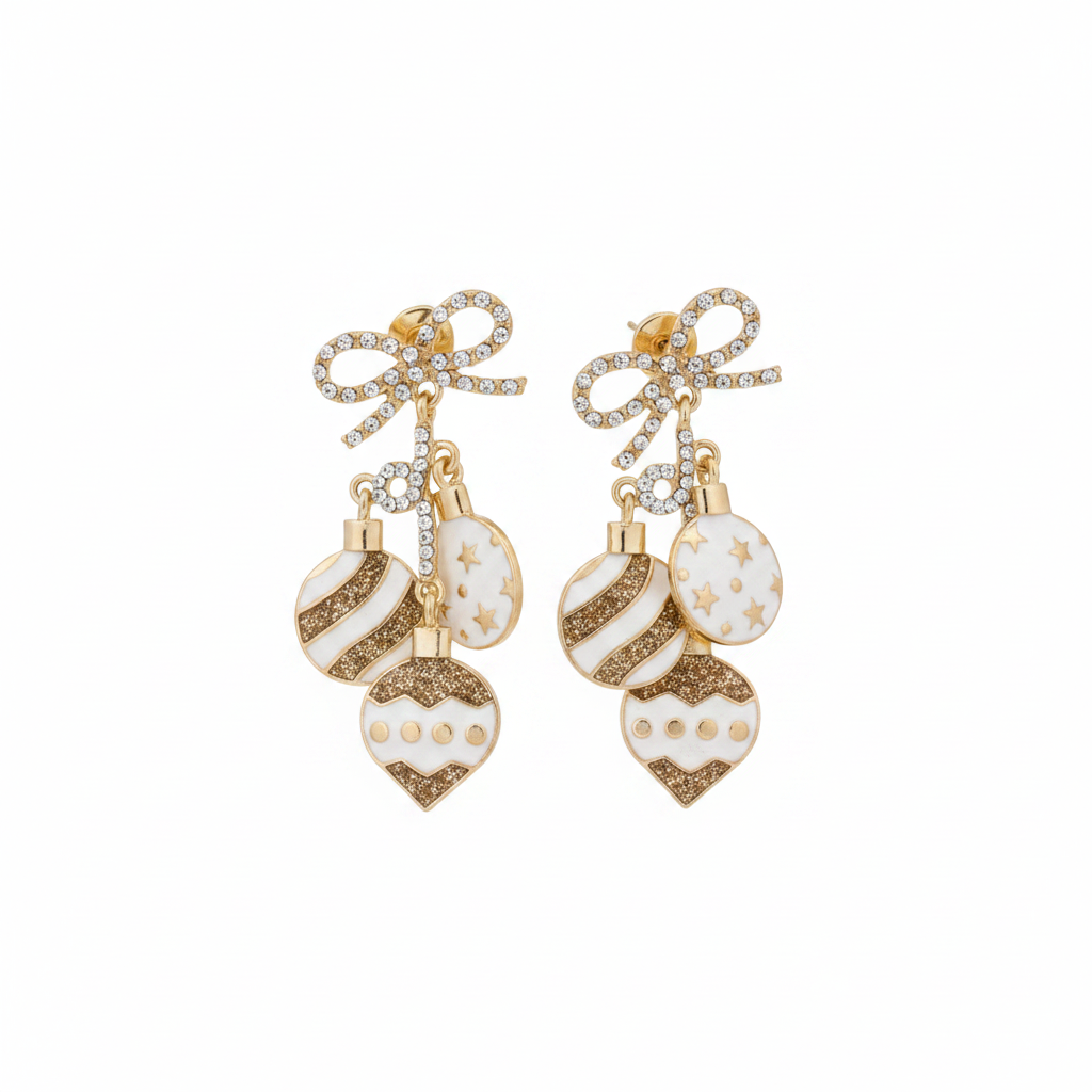Rhinestone bow Christmas ornament dangle earrings in white enamel and gold on white background