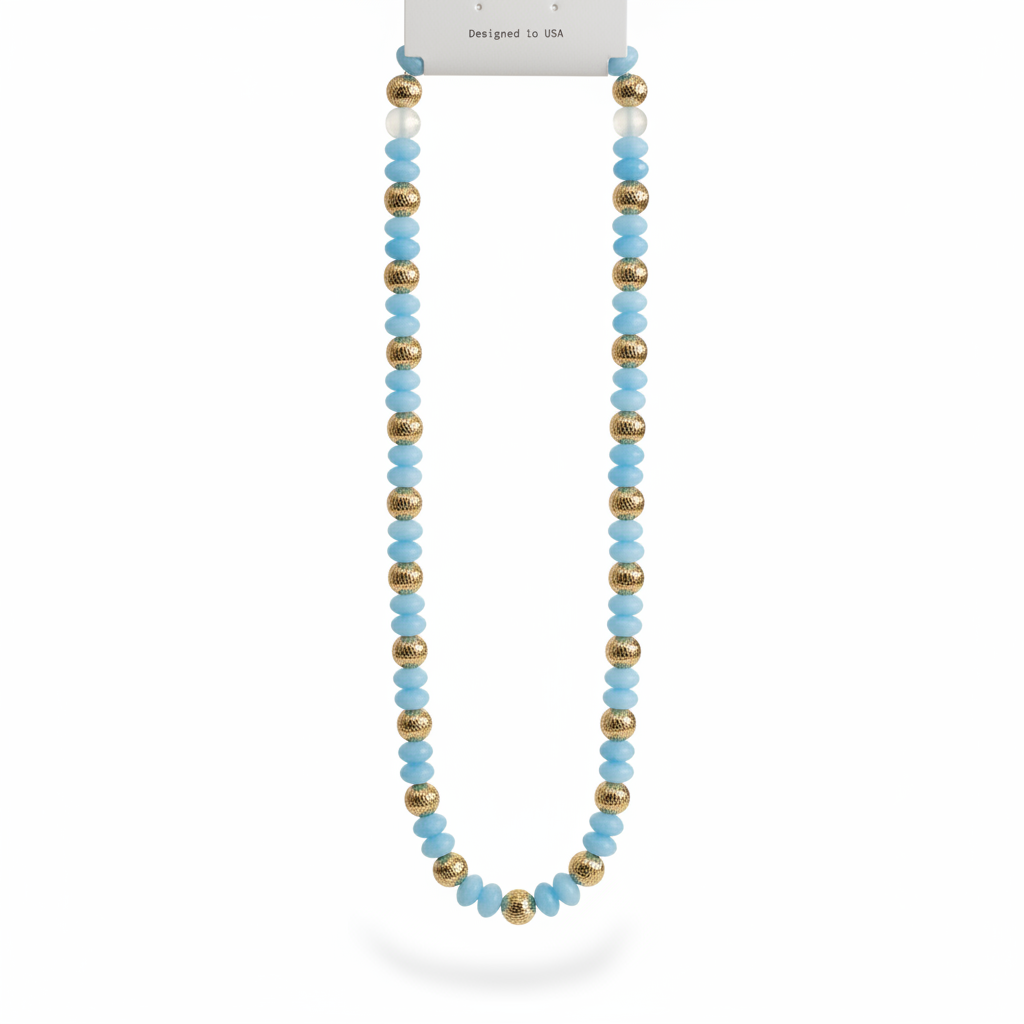 CCB Beaded Necklace - Light Blue/Gold on white background