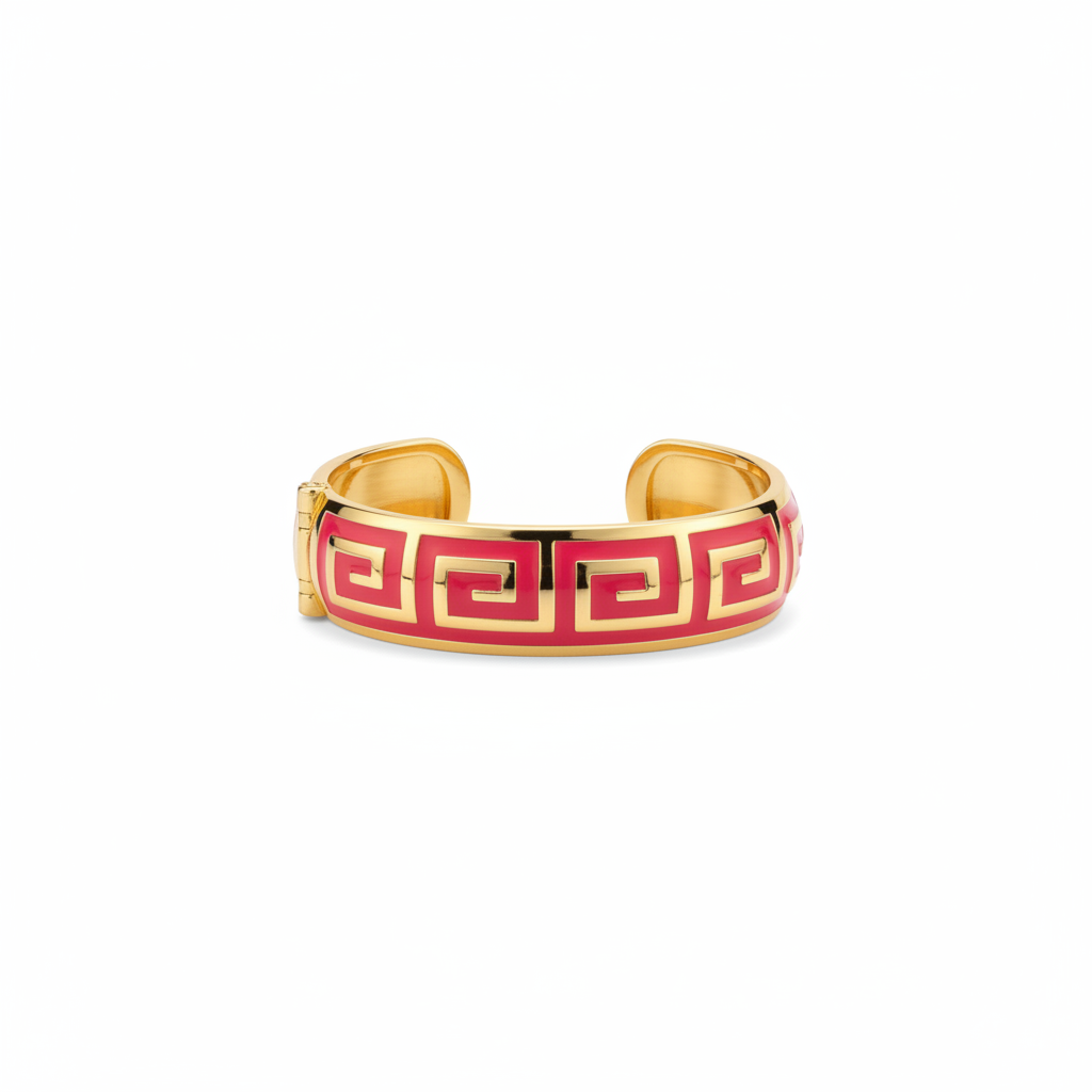 Geometric Pattern Hinged Bracelet - Pink Greek Key on white background