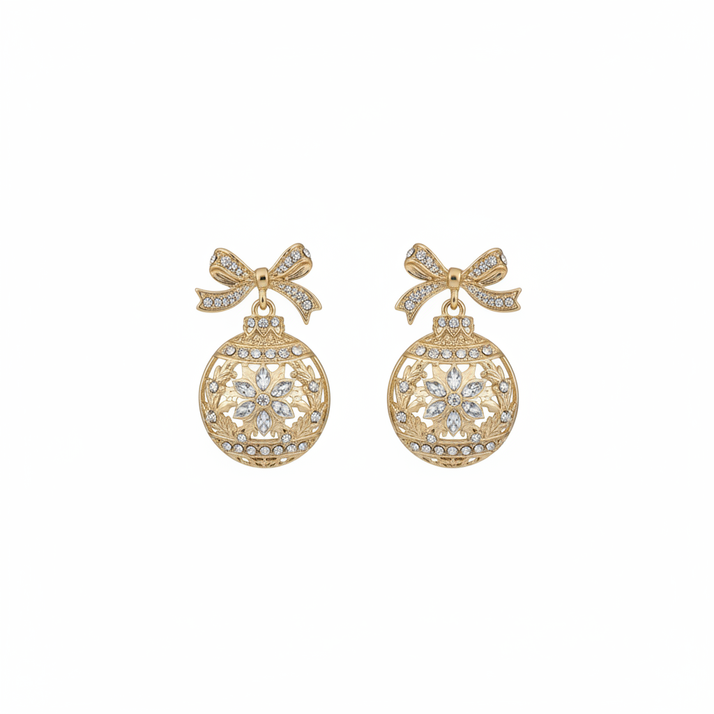 Christmas Pave Ornament Earrings - Gold on white background