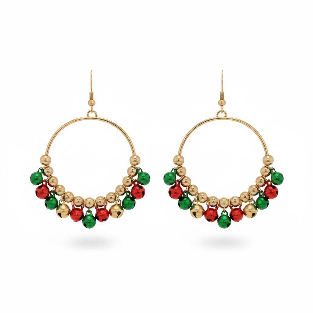 Christmas jingle bell hoop earrings with red, green, and gold bells on white background