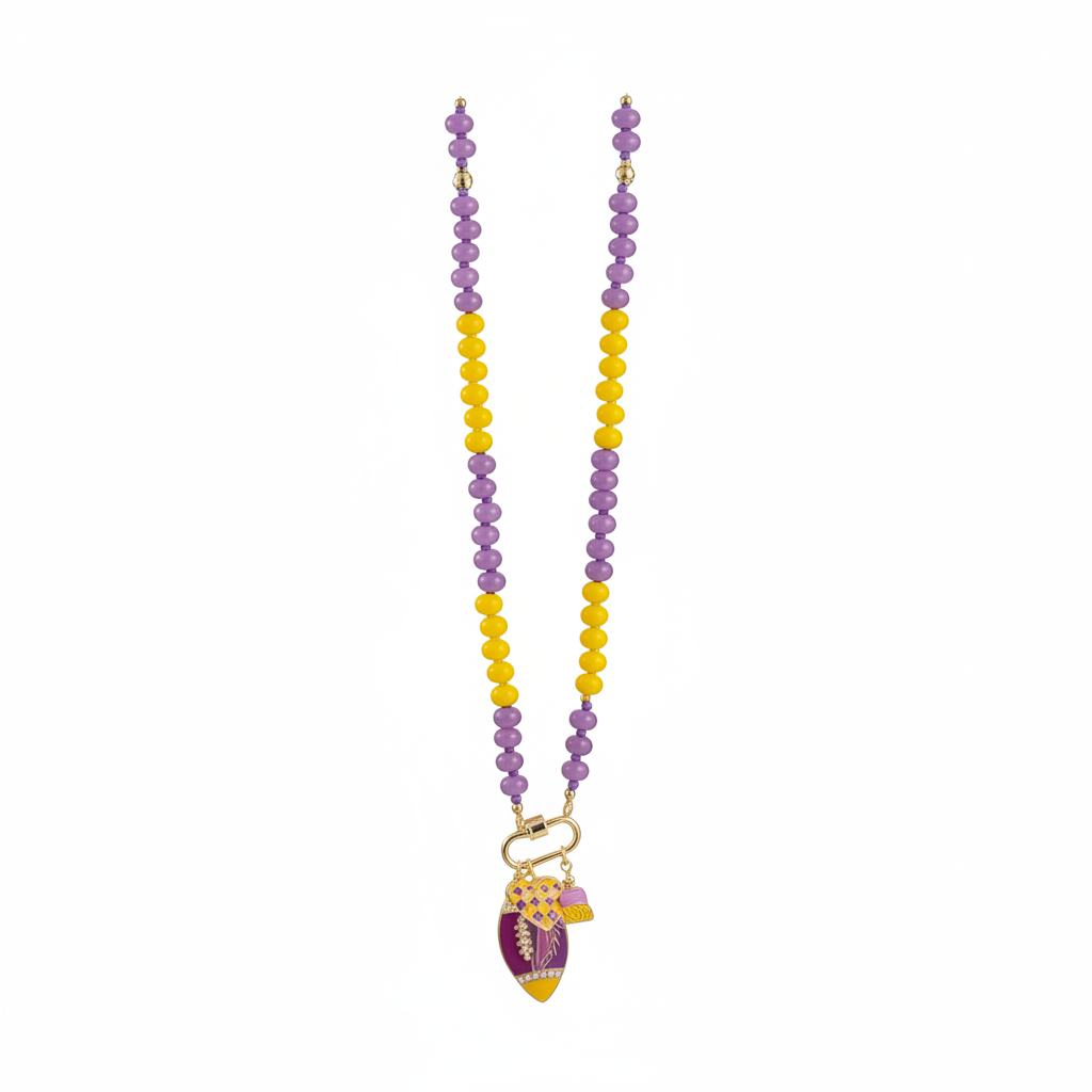 Rapunzel Charm Beaded Necklace - Purple and Yellow beads on white background