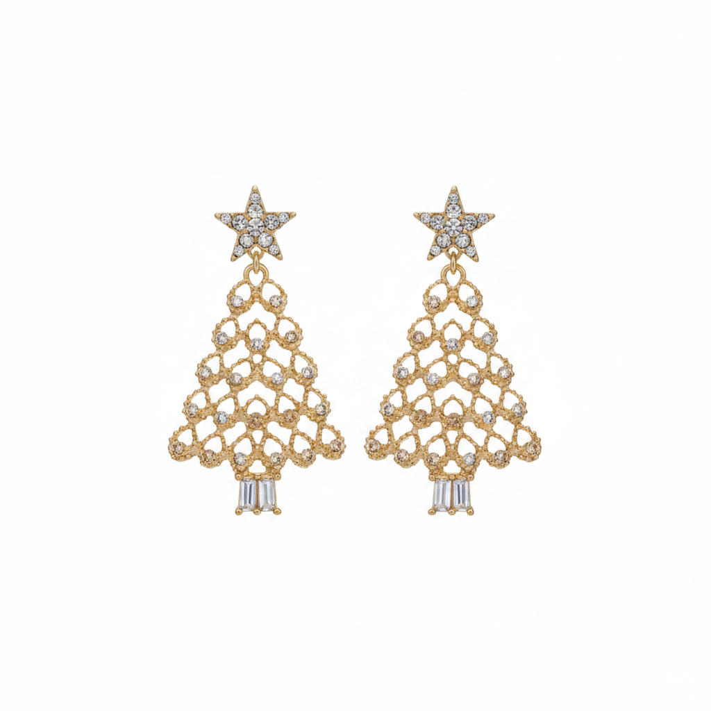 Christmas Tree Star Earrings on white background