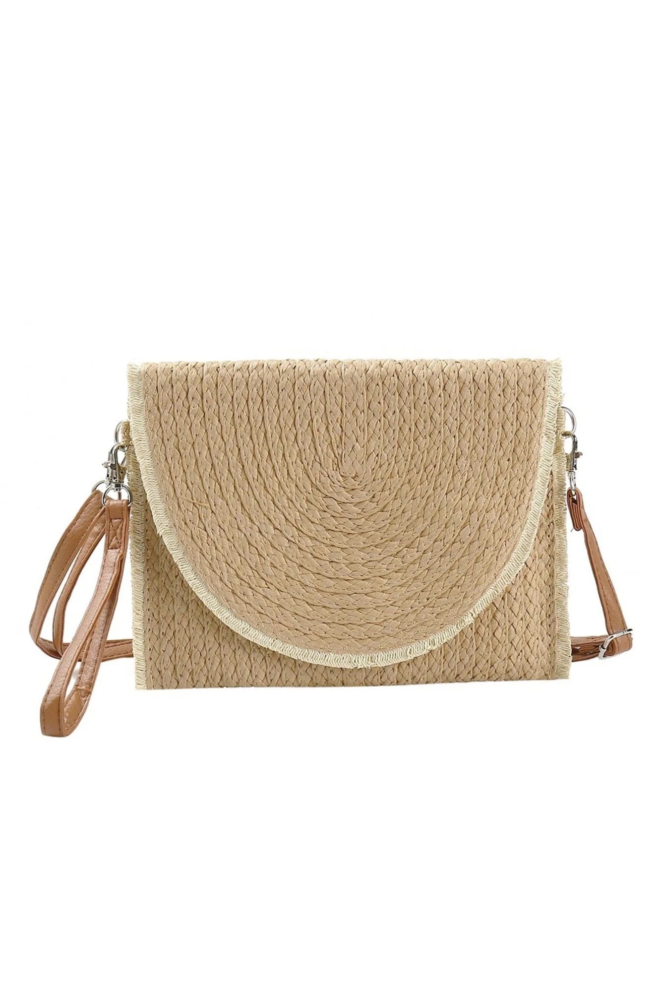 MIMI Fray Trim Straw Crossbody Clutch