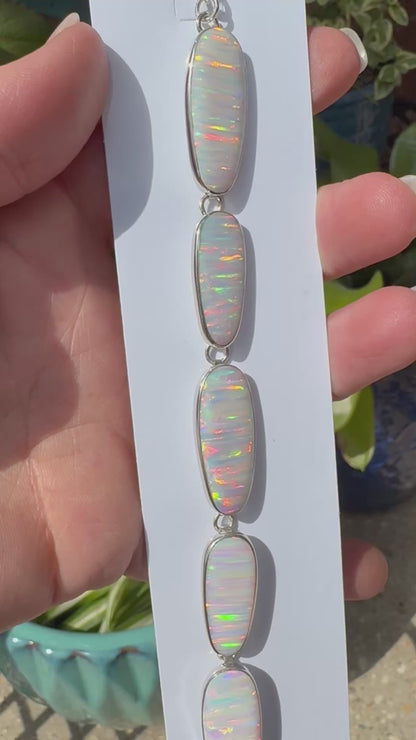 Sterling silver 5 oval stone lab opal bracelet