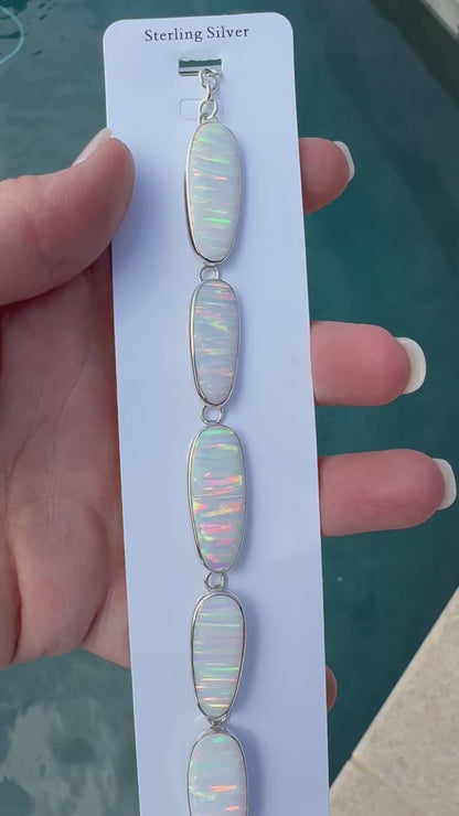 Sterling silver 5 oval stone lab opal bracelet
